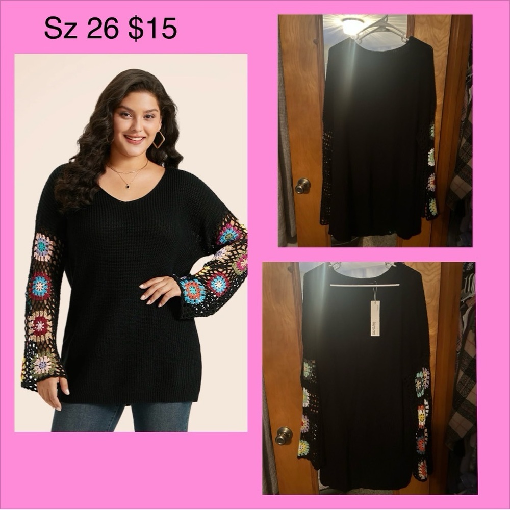 Black Sweater with Colorful Crochet Sleeves